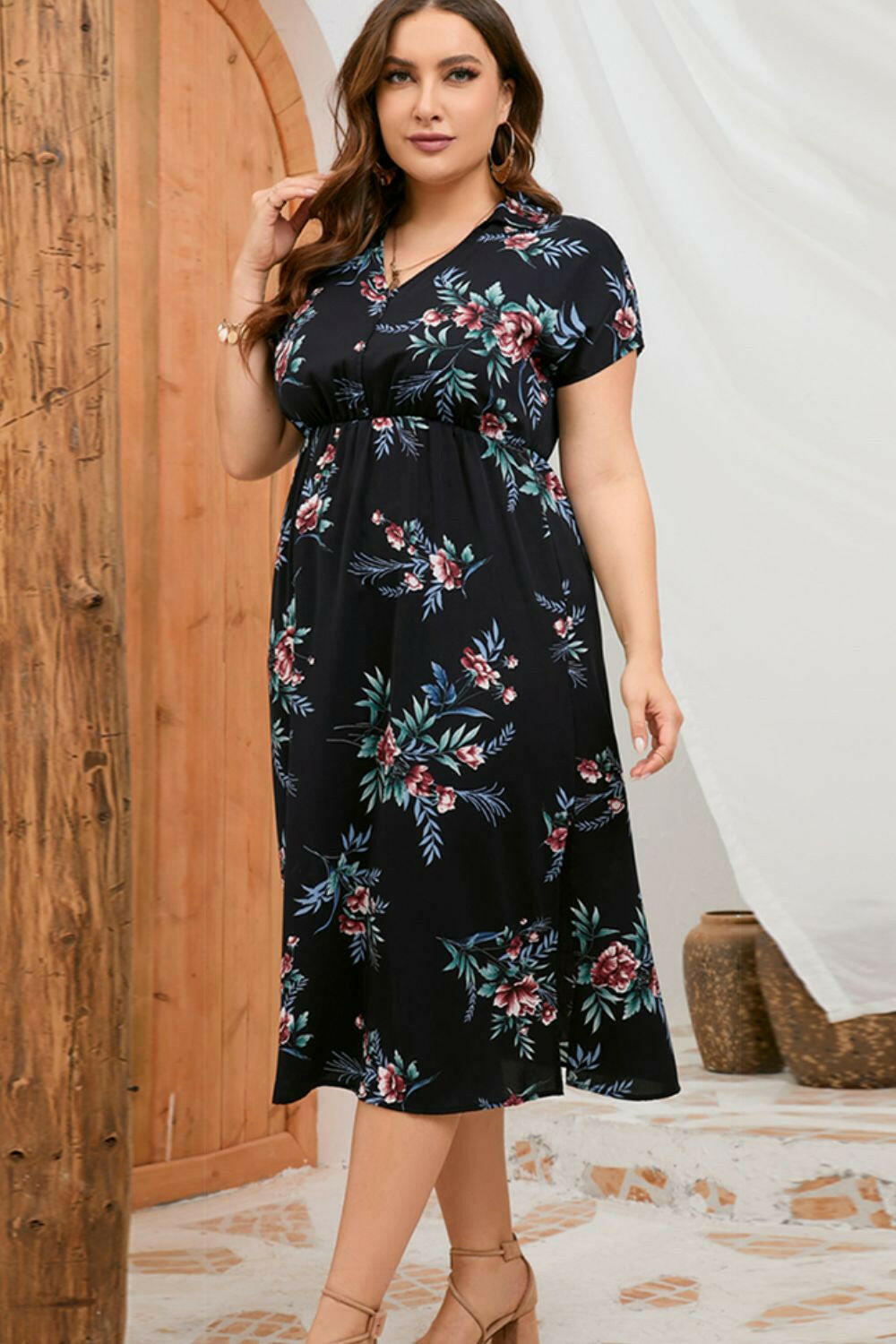 Plus Size Floral Johnny Collar Short Sleeve Dress - By Baano