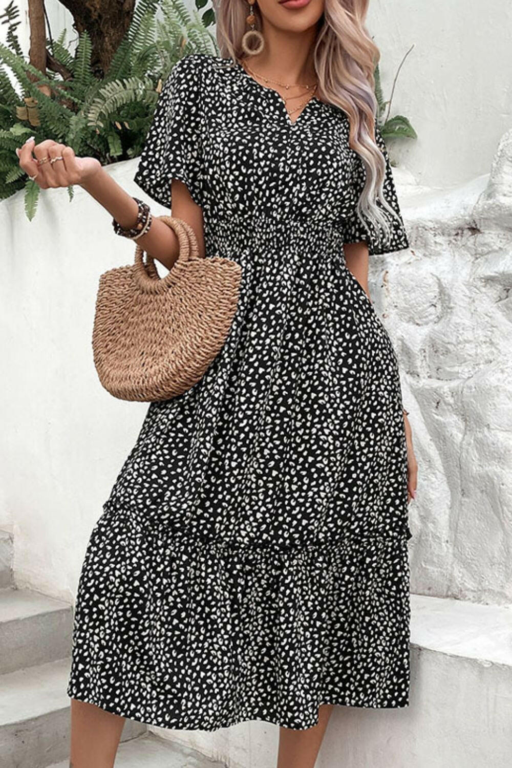 Leopard Print Short Sleeve Midi Dress - By Baano