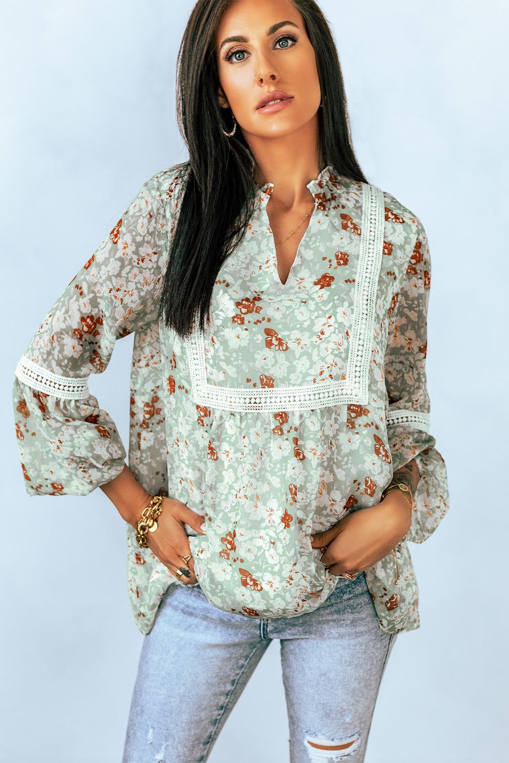 Floral Lace Trim Blouse - By Baano