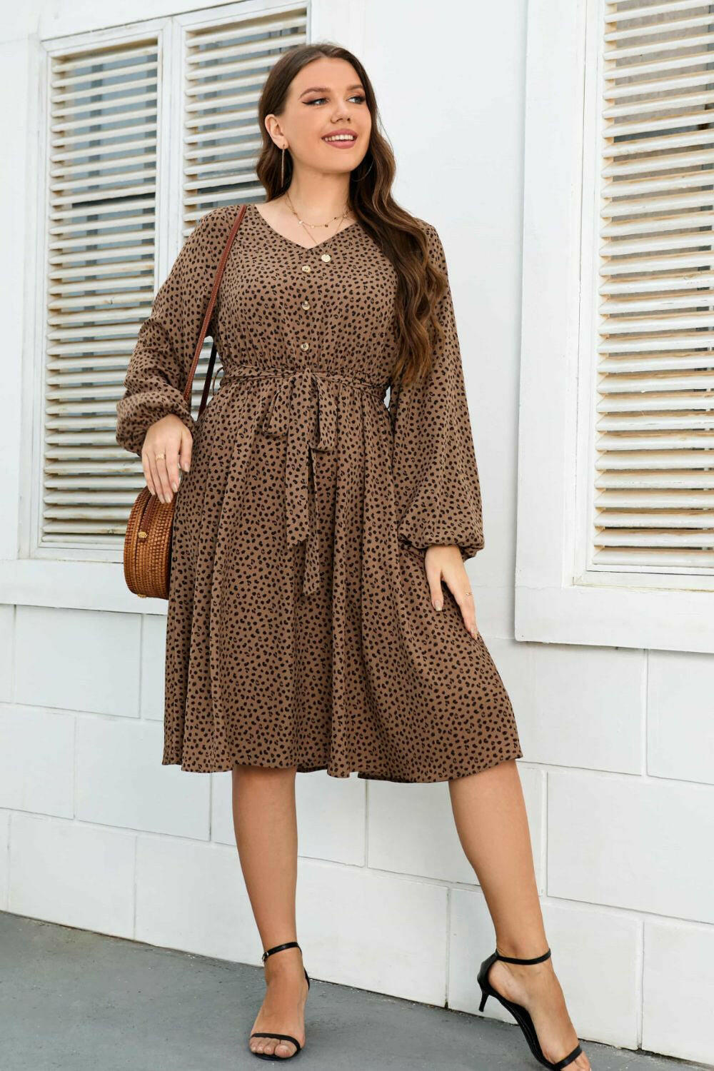 Plus Size Printed V-Neck Balloon Sleeve Tie Waist Dress - By Baano