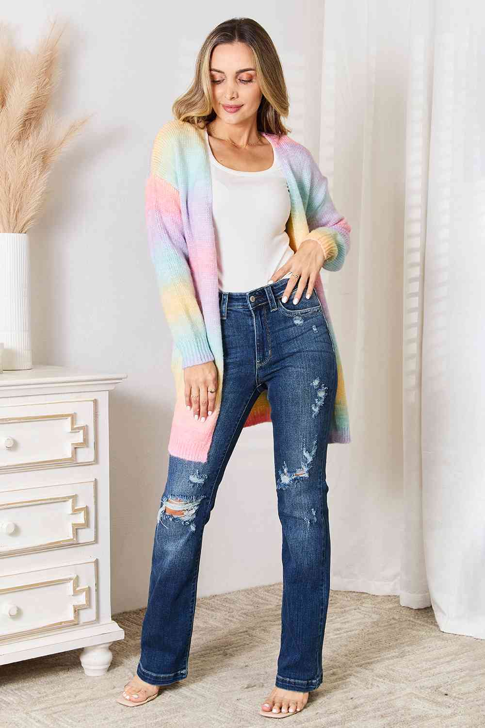 Woven Right Multicolored Gradient Open Front Longline Cardigan - By Baano