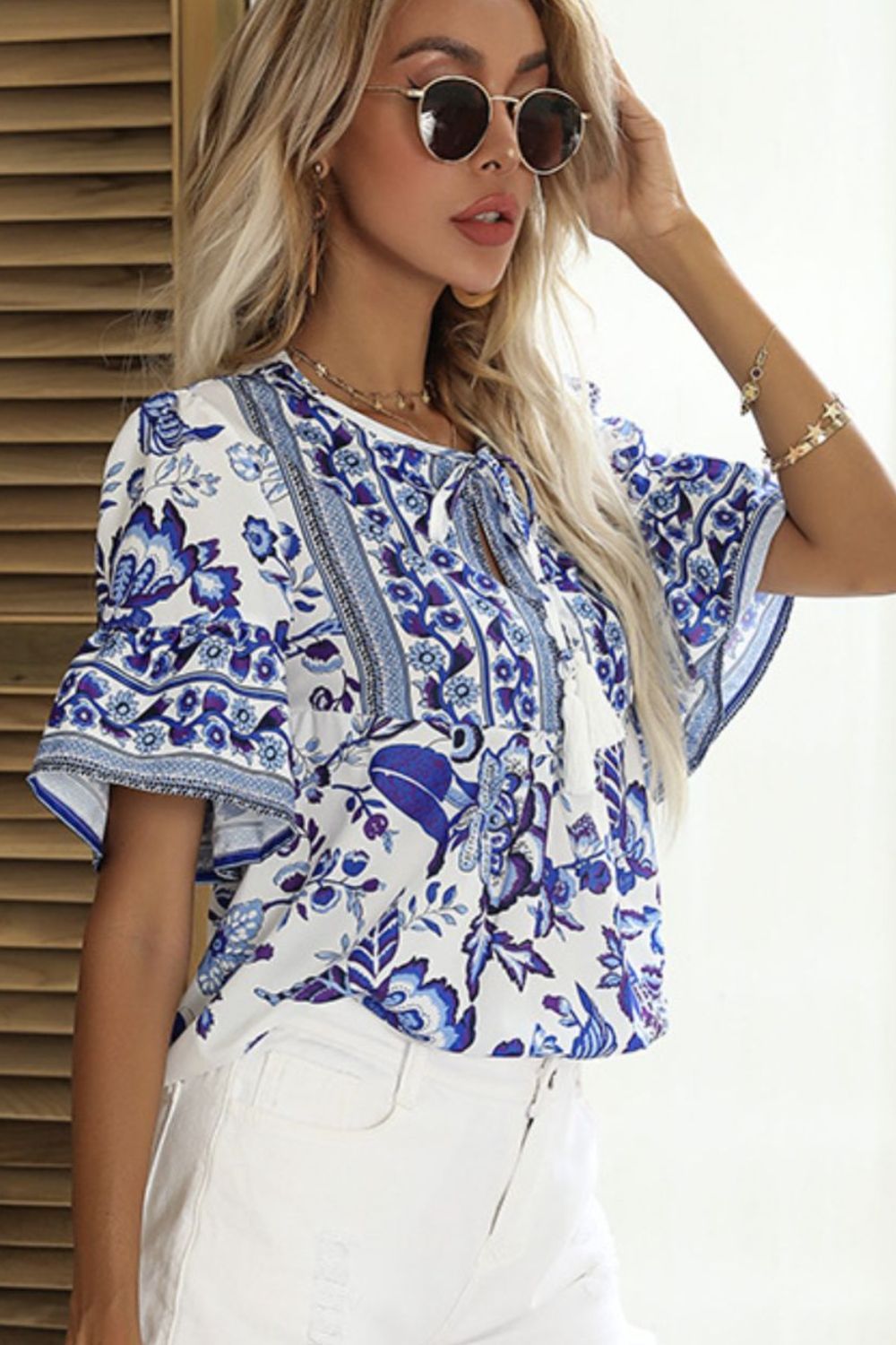 Printed Buttoned Flounce Sleeve Blouse.