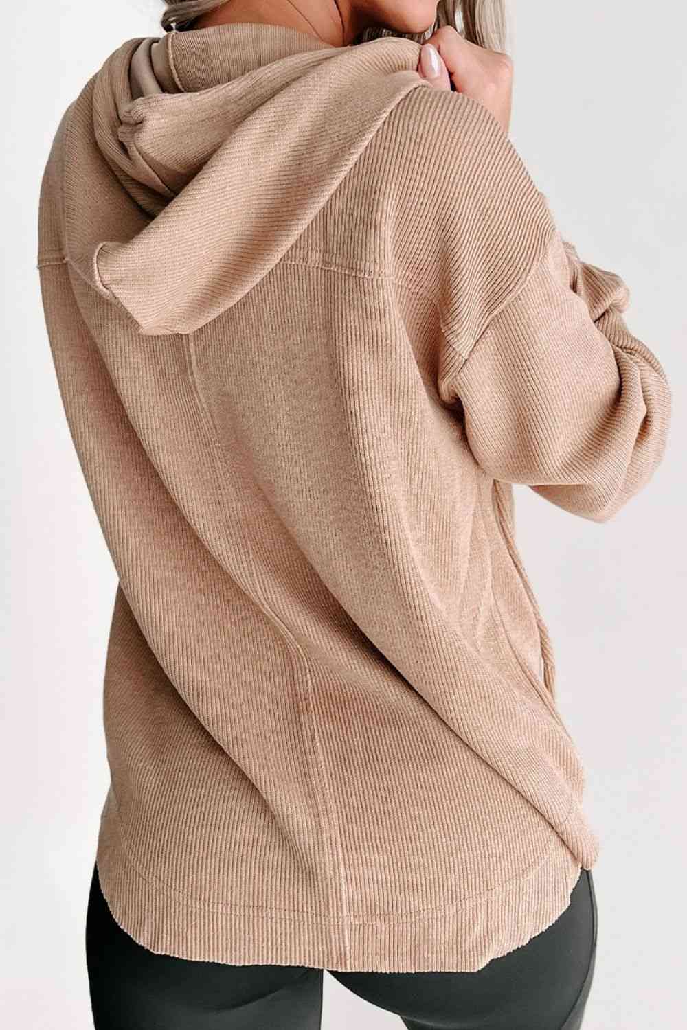 Buttoned Drop Shoulder Drawstring Hoodie - By Baano