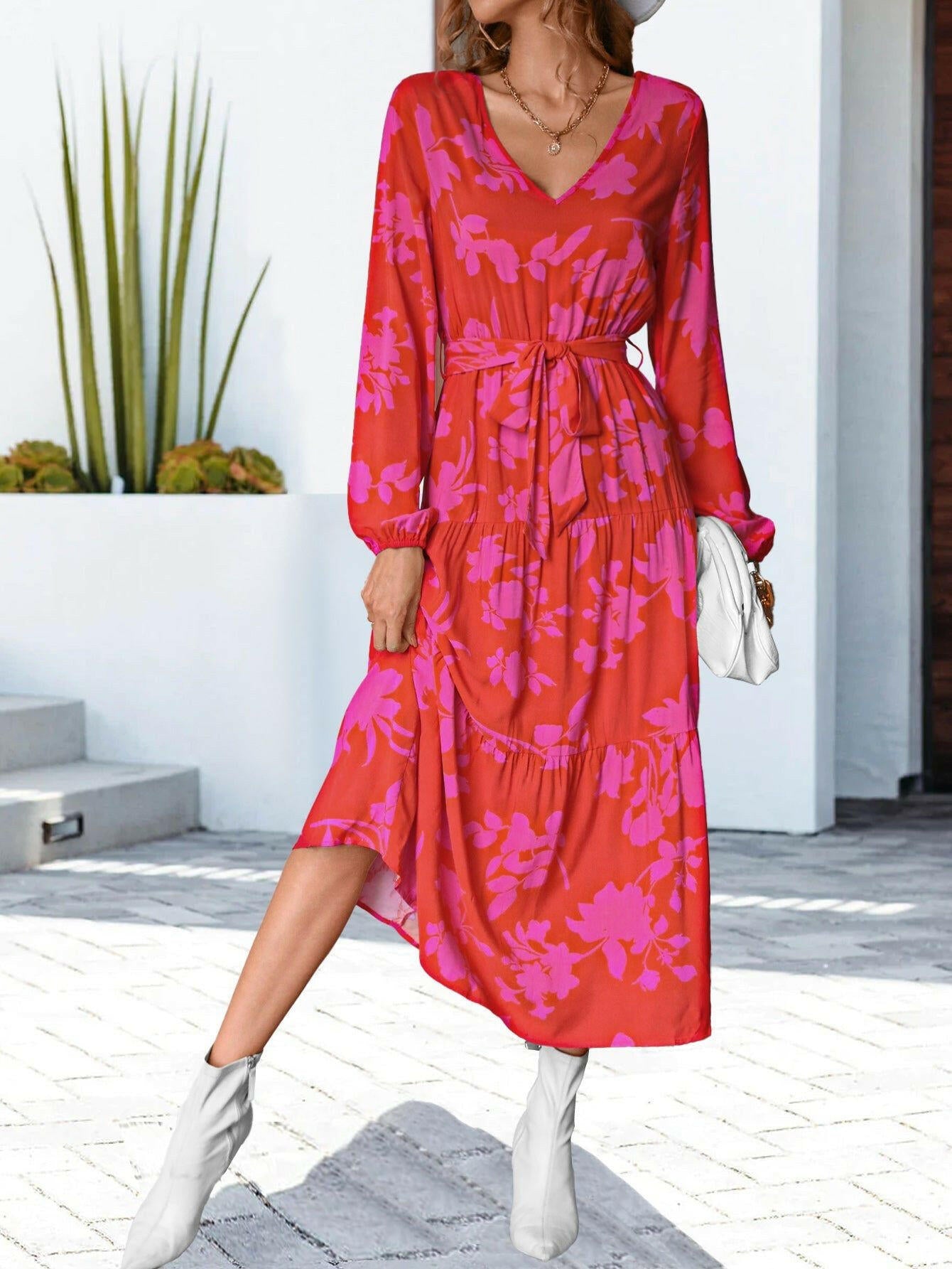 Floral V-Neck Long Sleeve Dress - By Baano