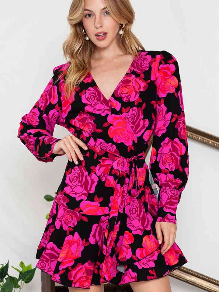 Floral Print Surplice Neck Long Sleeve Dress - By Baano