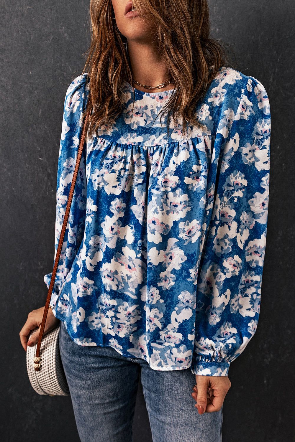 Floral Balloon Sleeve Round Neck Blouse - By Baano