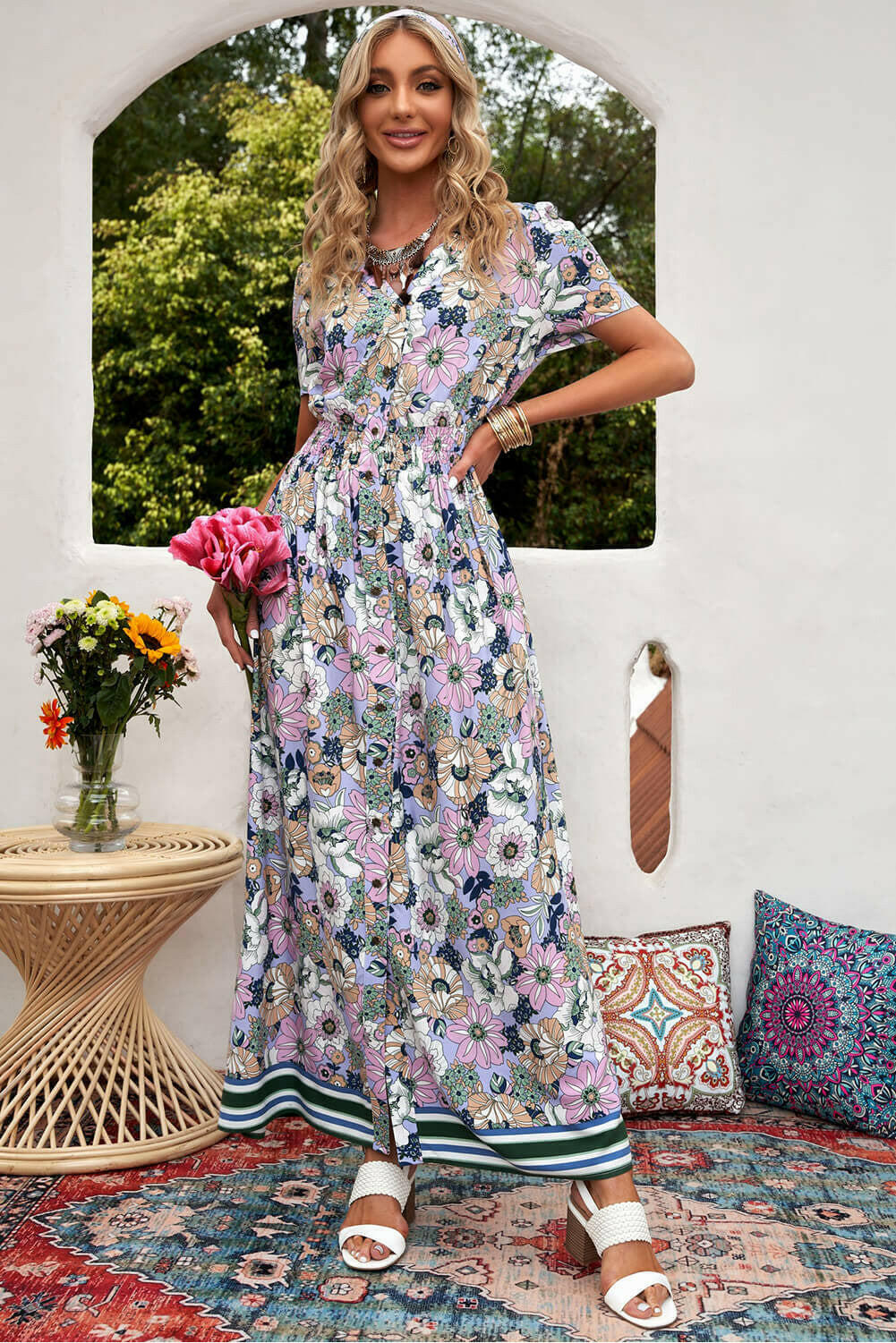 Floral Buttoned Short Sleeve Maxi Dress - By Baano