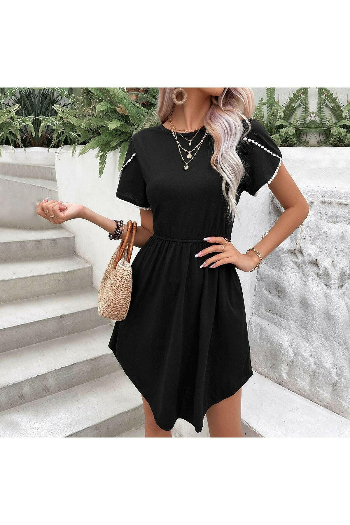 Round Neck Petal Sleeve Dress with Pockets.