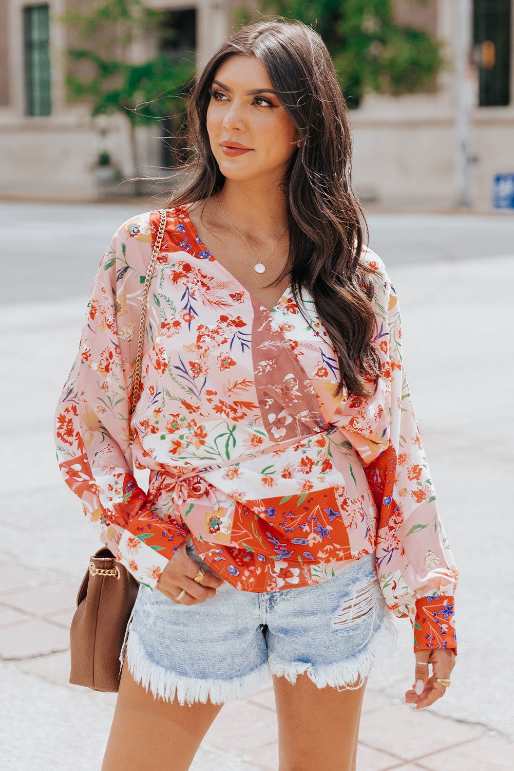 Floral Belted Surplice Blouse - By Baano