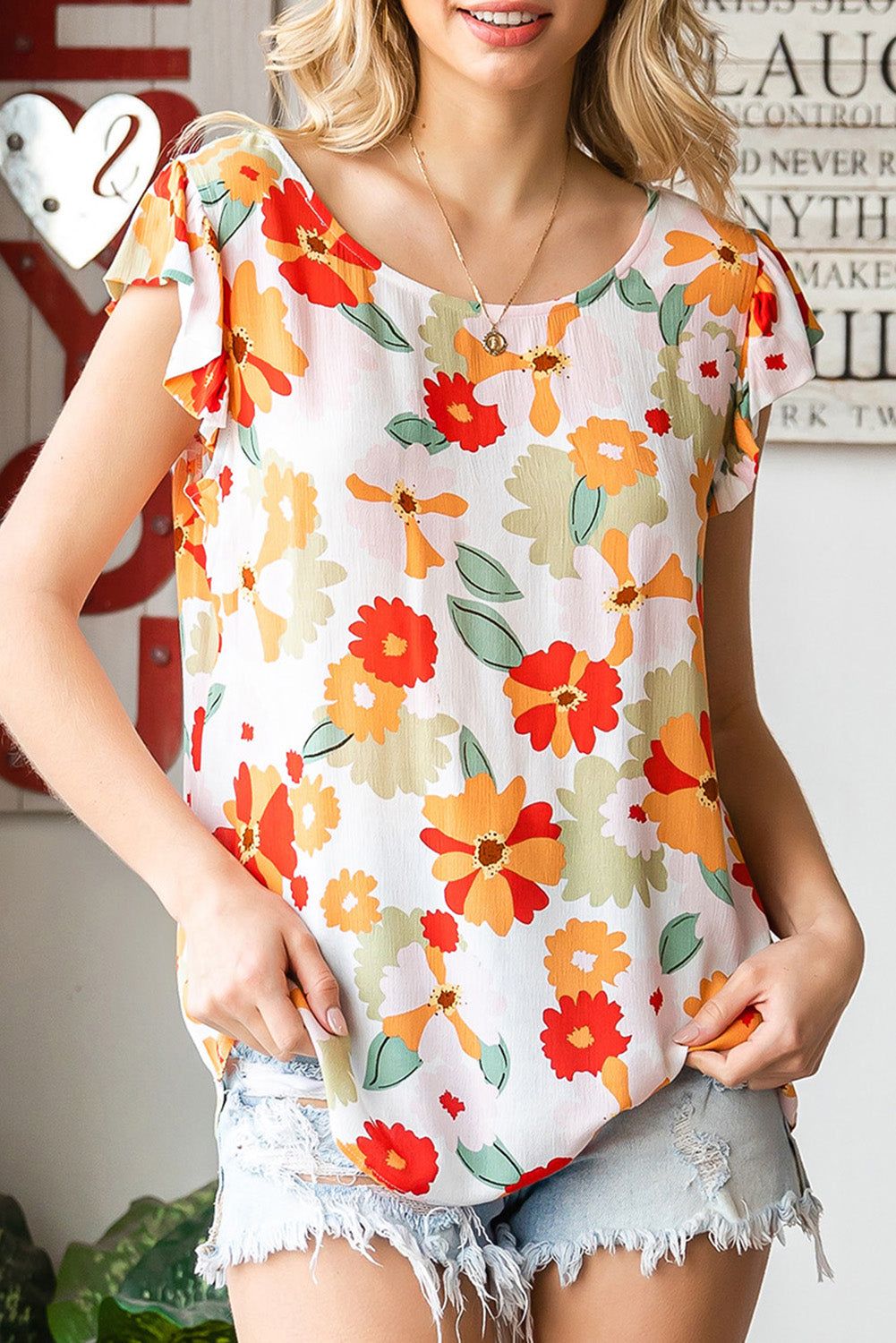 Floral Flutter Sleeve Round Neck Blouse - By Baano