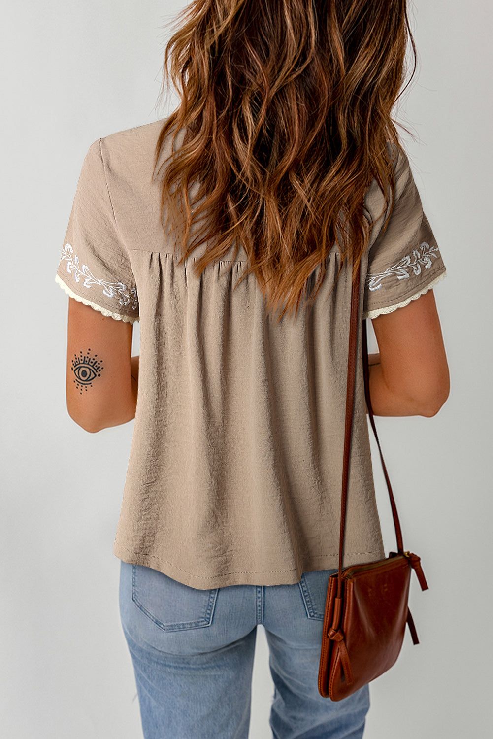 Embroidered Round Neck Short Sleeve Blouse - By Baano