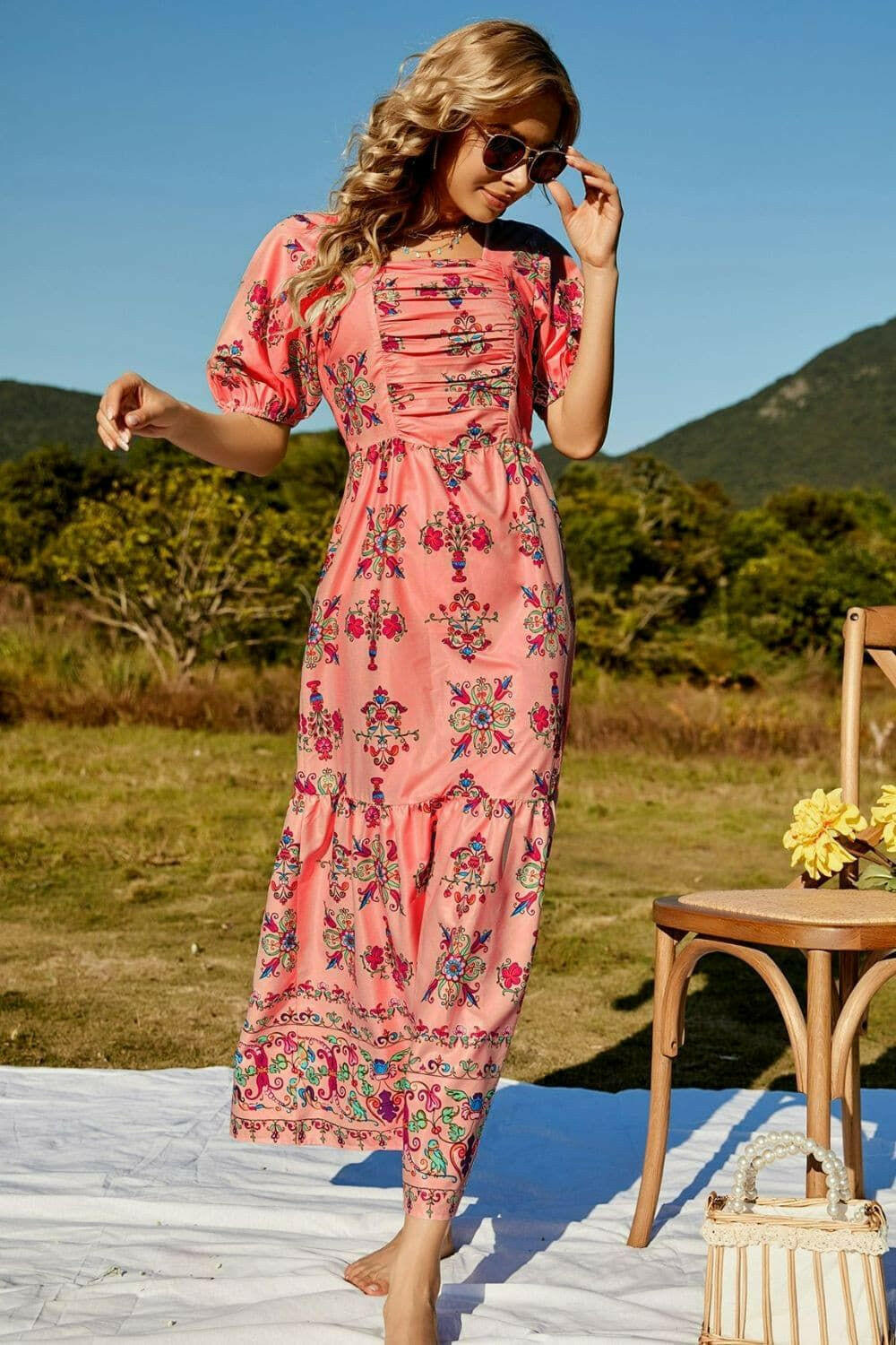 Floral Ruched Puff Sleeve Tiered Maxi Dress - By Baano