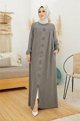 Pearl Decorated Muslim Abaya - Traditional Islamic Clothing for Women - Stylish Gray Abaya with Front Zipper - By Baano