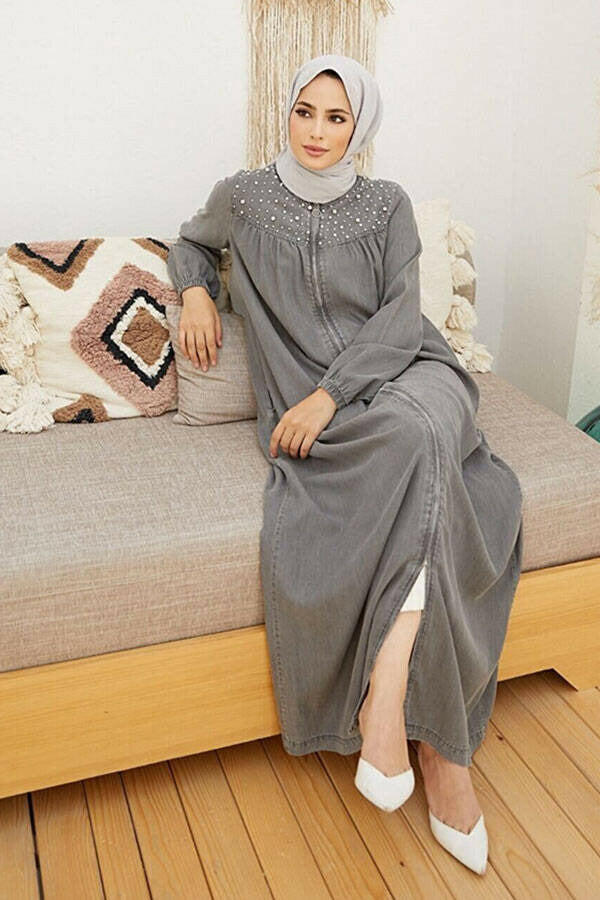 Pearl Decorated Muslim Abaya - Traditional Islamic Clothing for Women - Stylish Gray Abaya with Front Zipper Abaya By Baano 42  