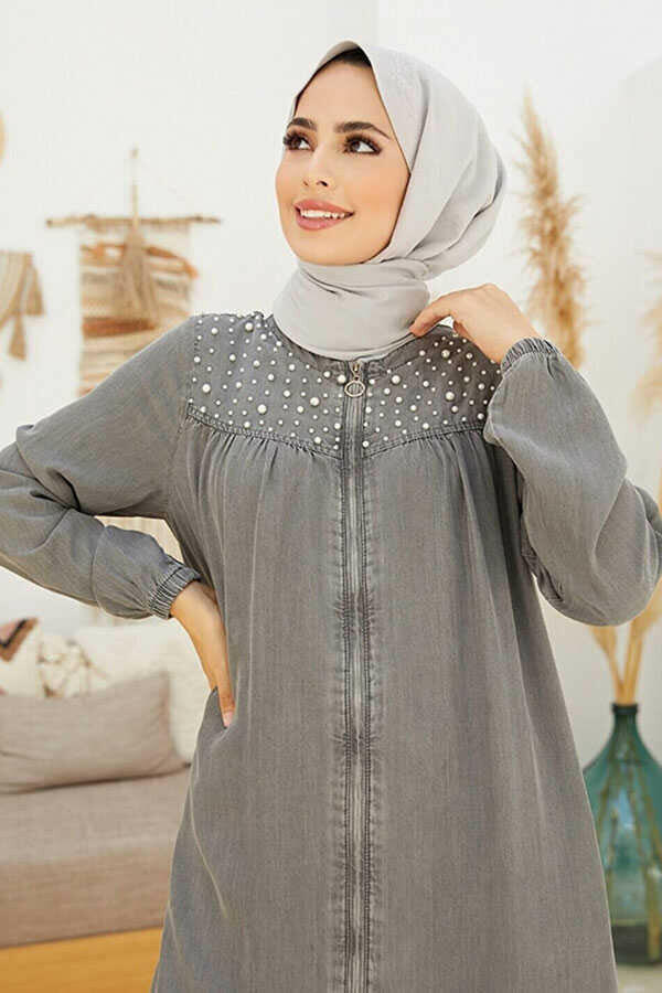 Pearl Decorated Muslim Abaya - Traditional Islamic Clothing for Women - Stylish Gray Abaya with Front Zipper Abaya By Baano 40  