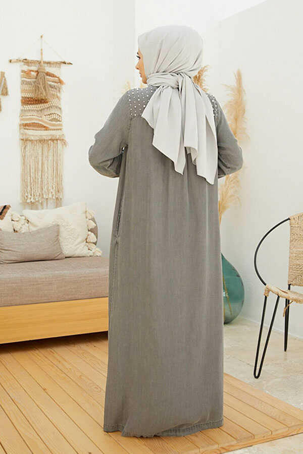 Pearl Decorated Muslim Abaya - Traditional Islamic Clothing for Women - Stylish Gray Abaya with Front Zipper Abaya By Baano 44  