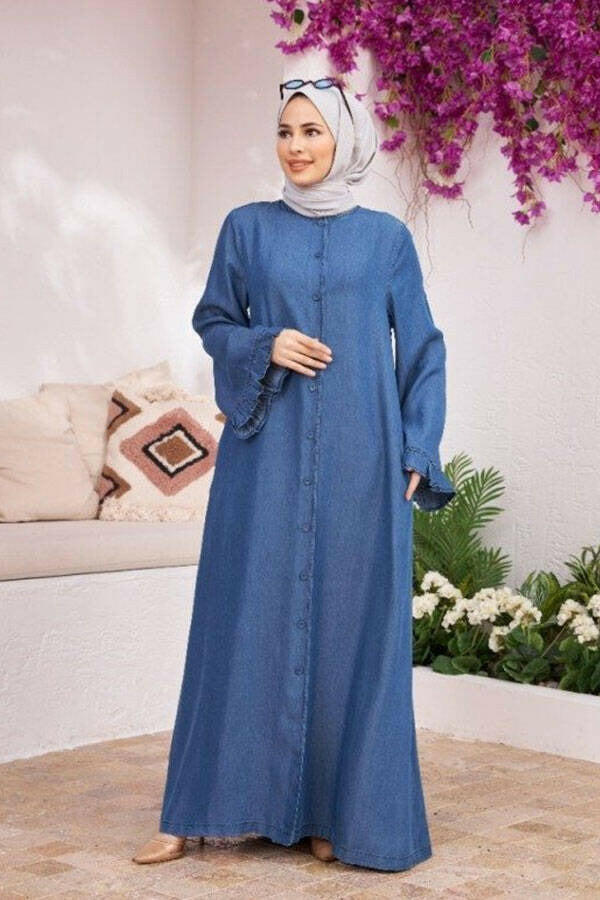 Buttoned Front with Long Sleeves Detailed Blue Abaya - By Baano