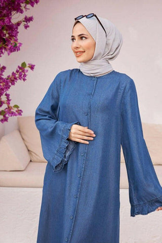 Buttoned Front with Long Sleeves Detailed Blue Abaya - By Baano