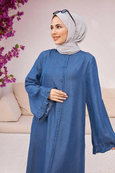 Buttoned Front with Long Sleeves Detailed Blue Abaya Denim Abaya By Baano 38 Denim Blue 
