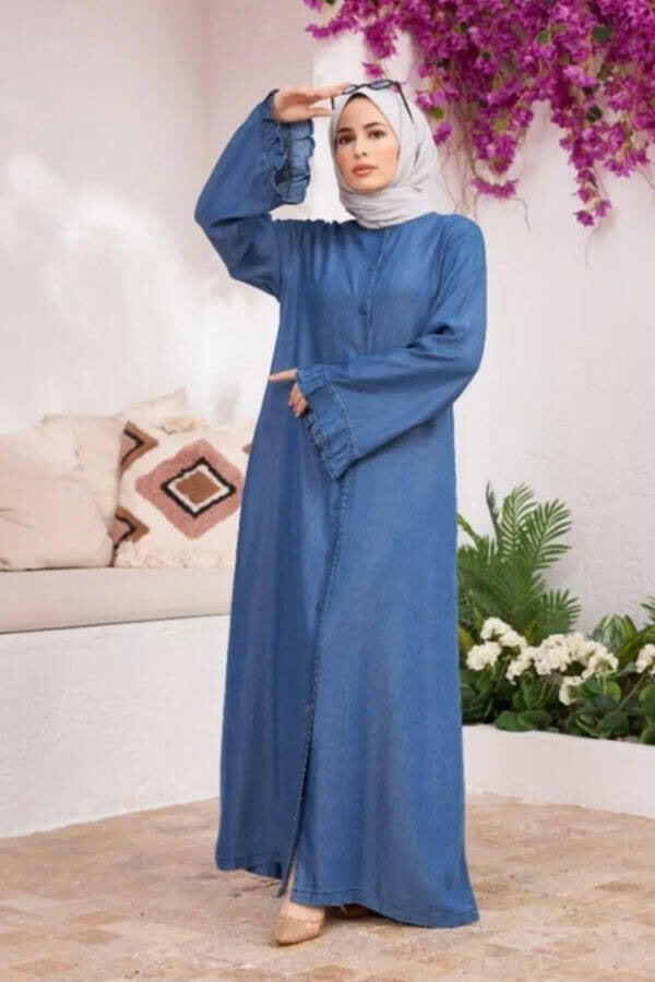 Buttoned Front with Long Sleeves Detailed Blue Abaya - By Baano