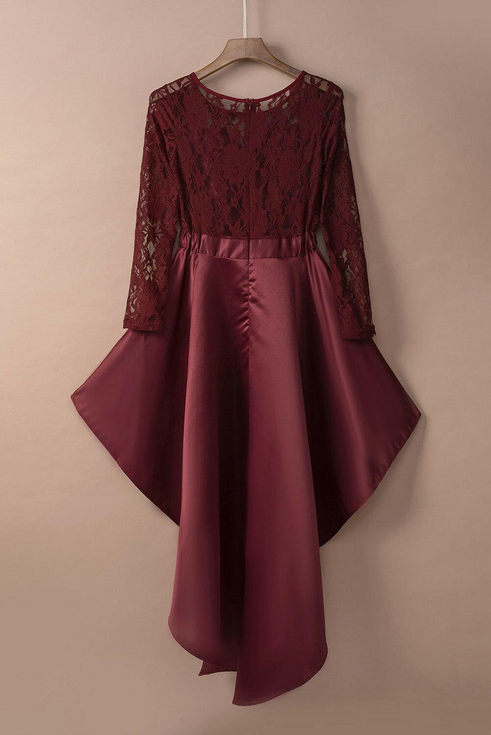 Spliced Lace High-Low Long Sleeve Dress.