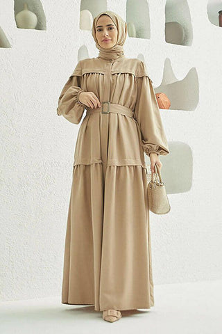 Carla Pleated Belted Modest Maxi Dress Beige