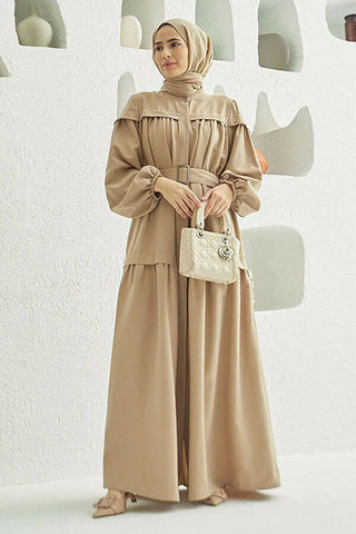 Carla Pleated Belted Modest Maxi Dress Beige