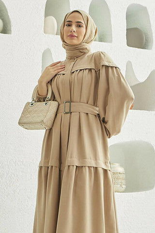 Carla Pleated Belted Modest Maxi Dress 38 Beige