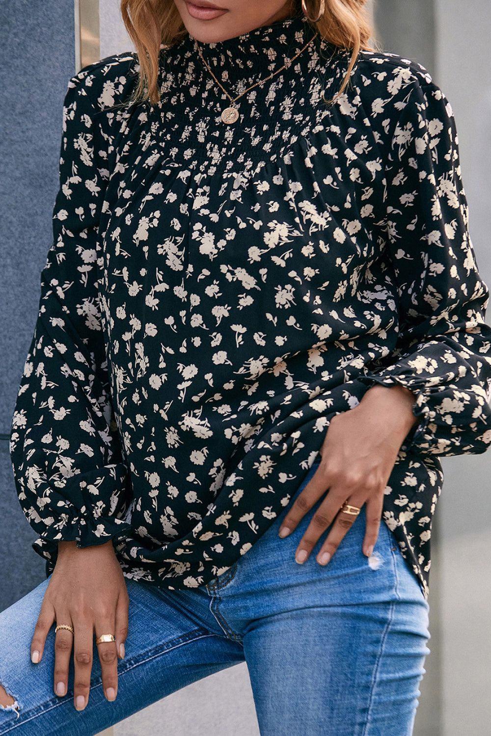 Floral Mock Neck Blouse - By Baano