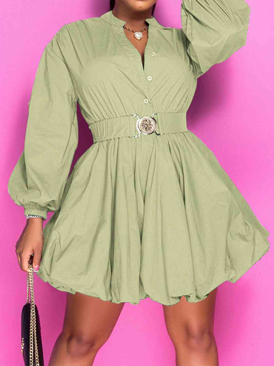 Notched Button Up Balloon Sleeves Dress - By Baano