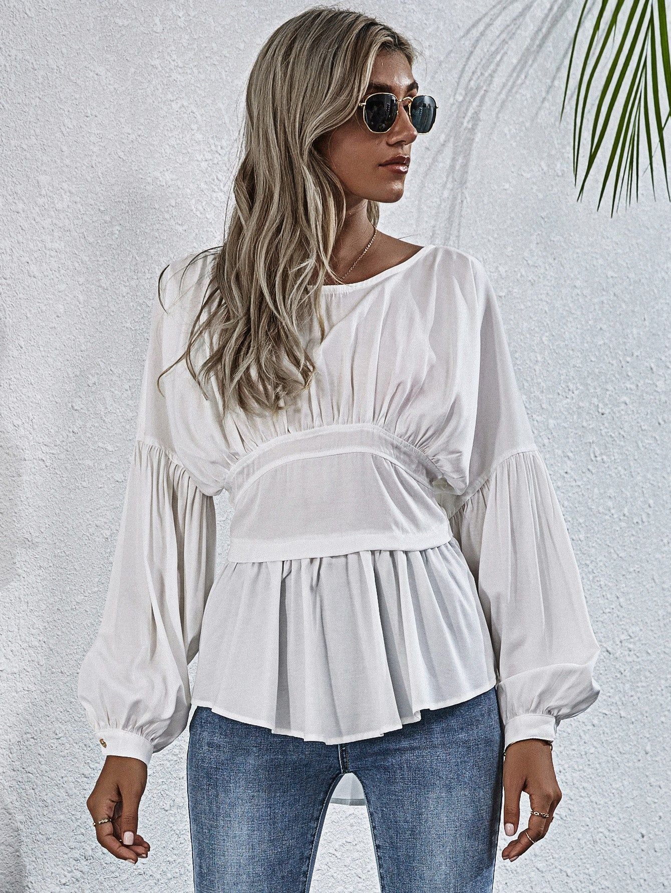 Exposed Seams Round Neck Dropped Shoulder Blouse.