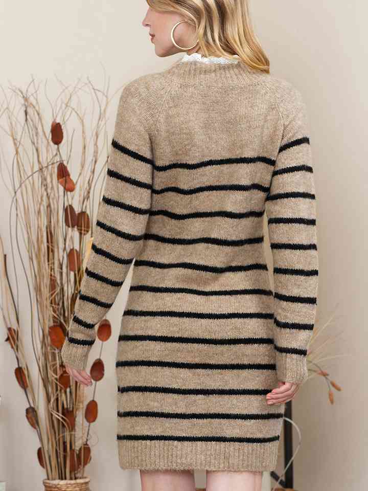 Striped Round Neck Long Sleeve Sweater Dress - By Baano