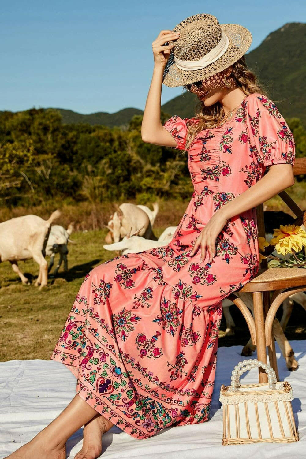 Floral Ruched Puff Sleeve Tiered Maxi Dress - By Baano