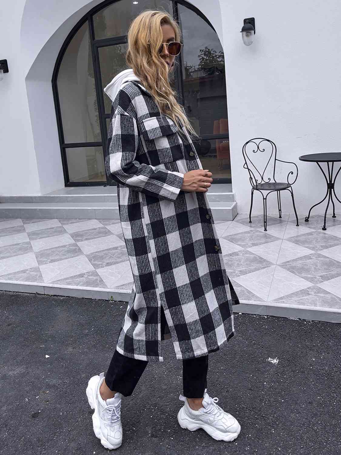 Plaid Collared Neck Slit Longline Coat - By Baano