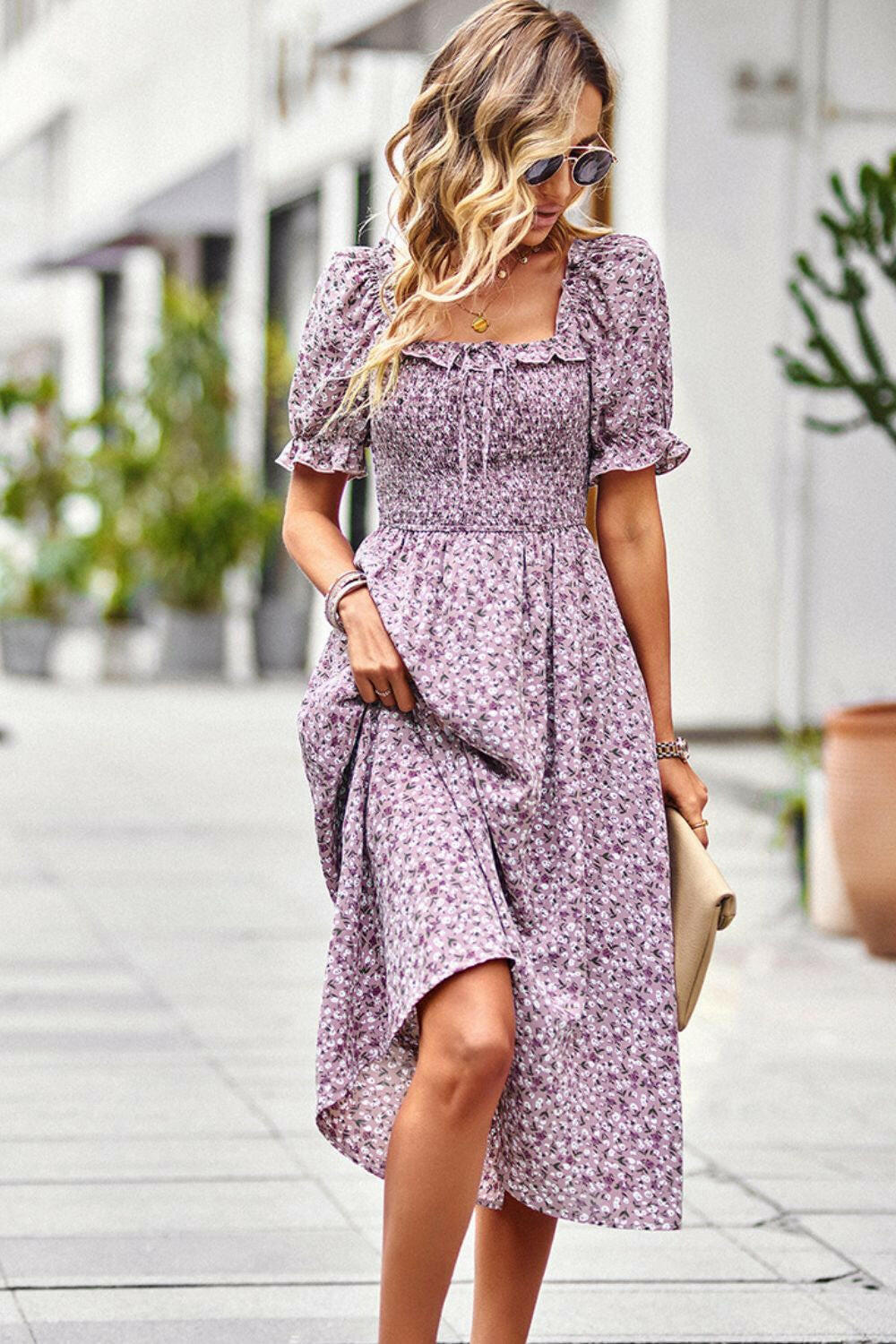 Floral Ruffled Square Neck Dress with Pockets - By Baano