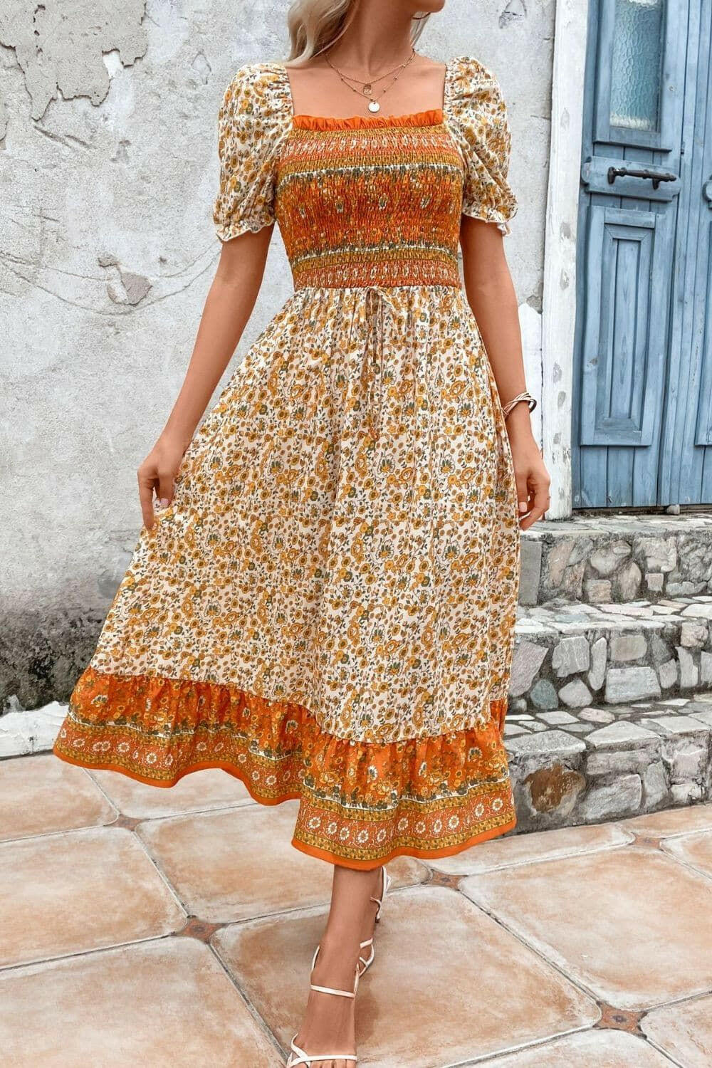 Bohemian Square Neck Puff Sleeve Dress - By Baano