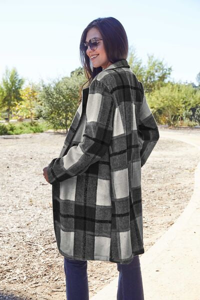 Double Take Full Size Plaid Button Up Lapel Collar Coat - By Baano