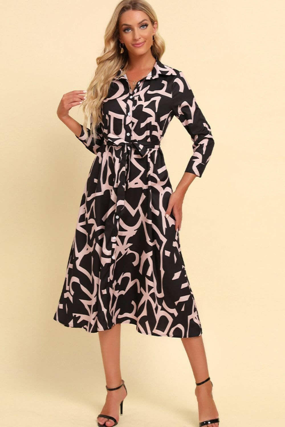 Printed Button Front Belted Midi Dress.