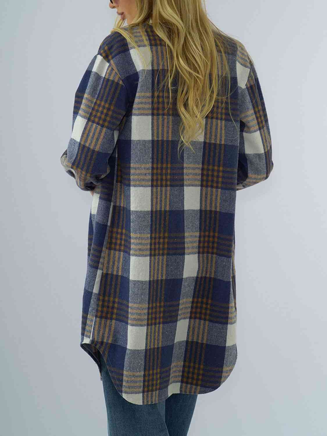 Plaid Collared Neck Long Sleeve Coat - By Baano