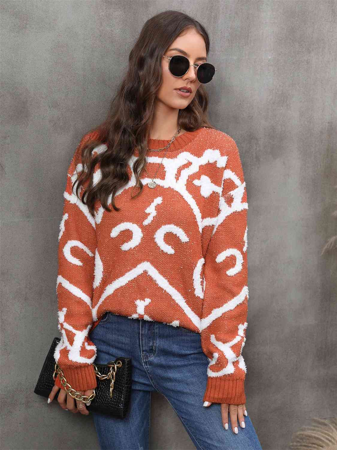 Printed Round Neck Long Sleeve Sweater - By Baano