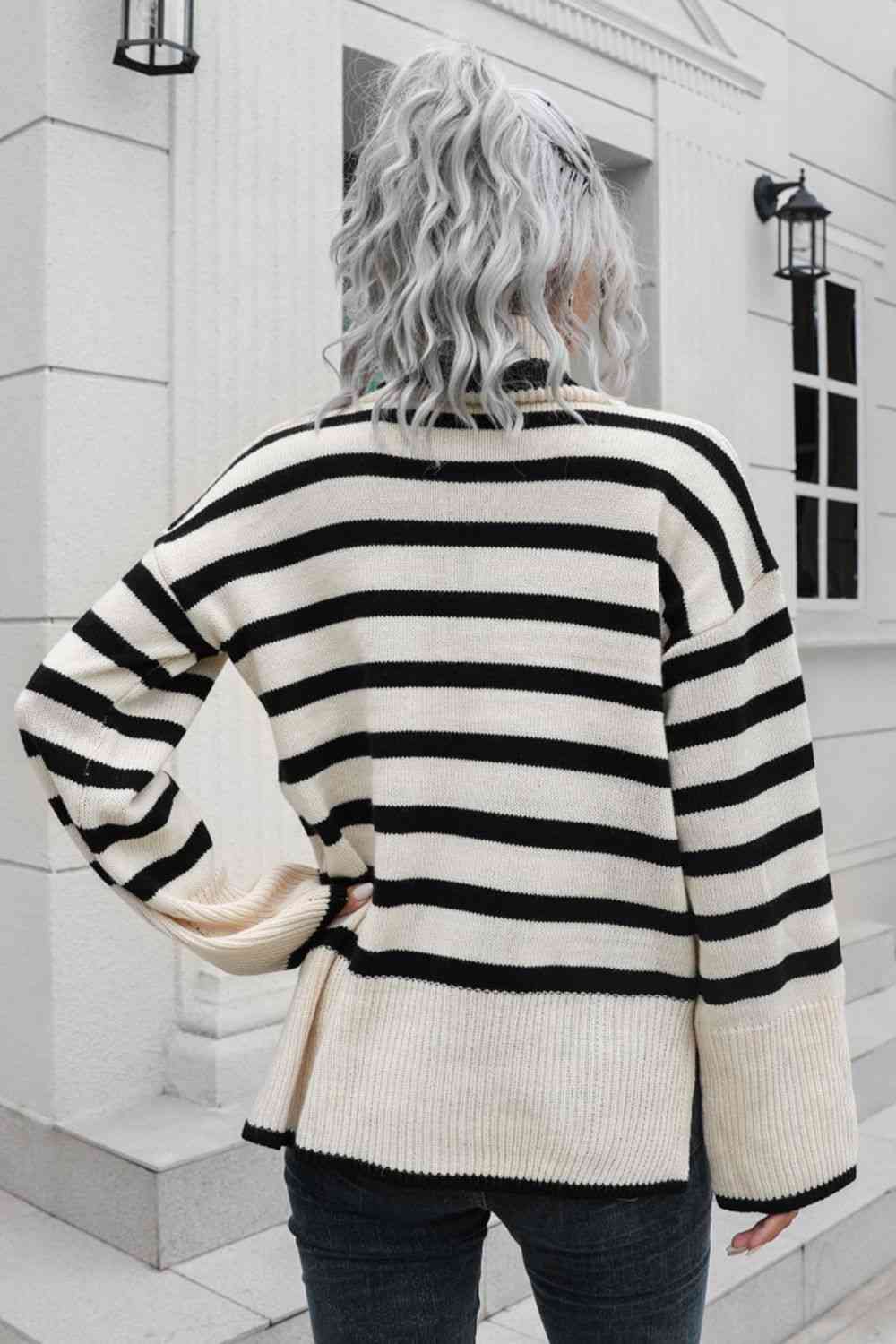 Striped Turtleneck Drop Shoulder Sweater - By Baano