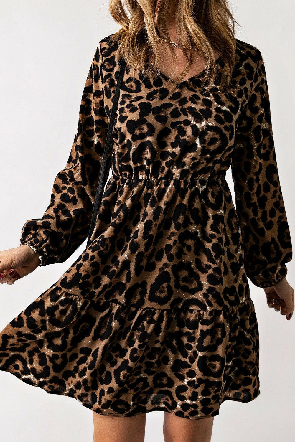 Leopard V-Neck Balloon Sleeve Tiered Dress - By Baano