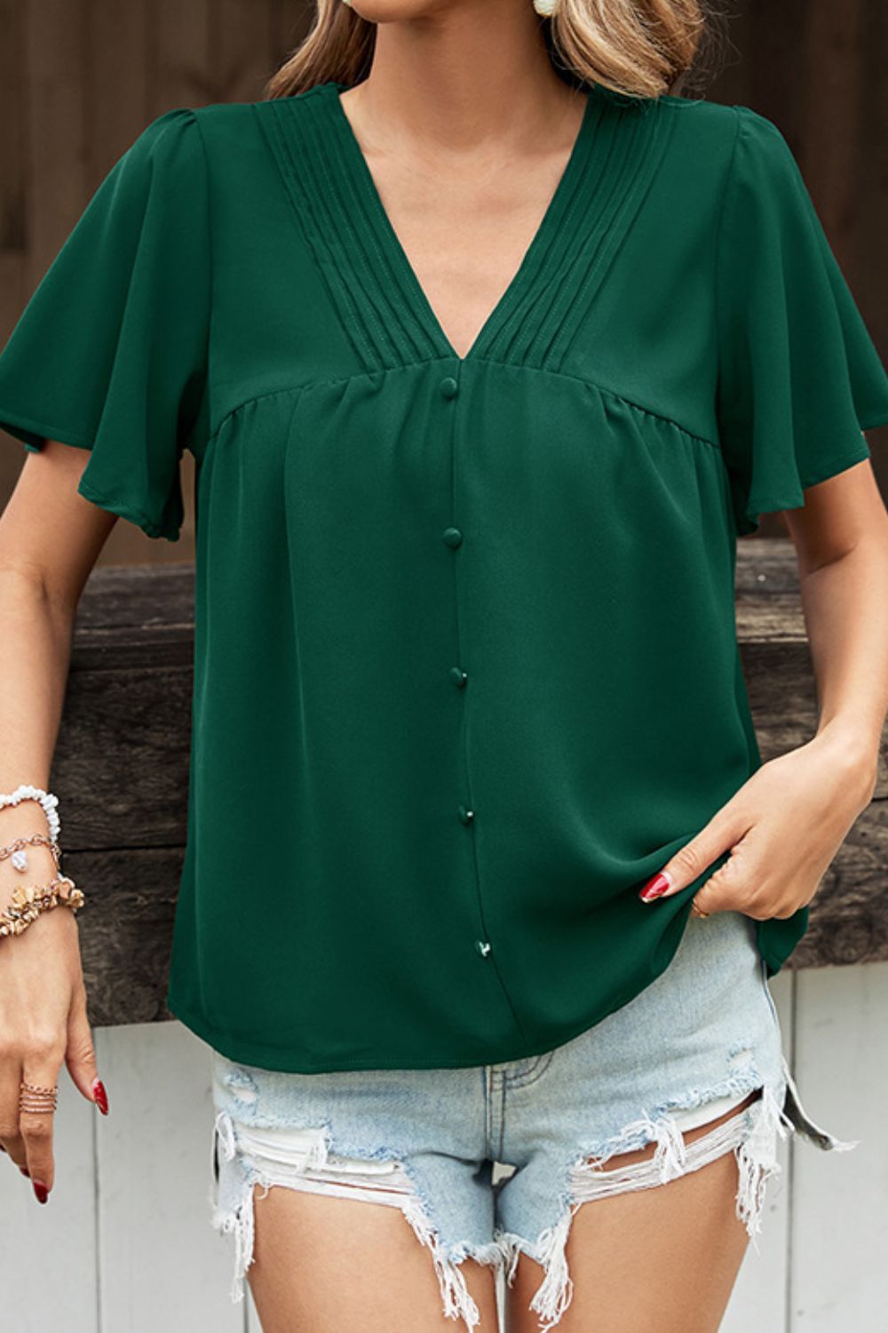 Buttoned Flutter Sleeve V-Neck Blouse - By Baano