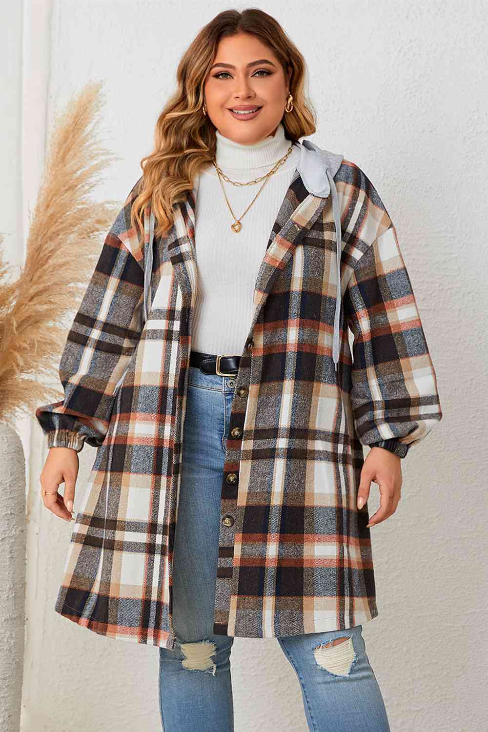 Plus Size Plaid Drop Shoulder Hooded Coat - By Baano