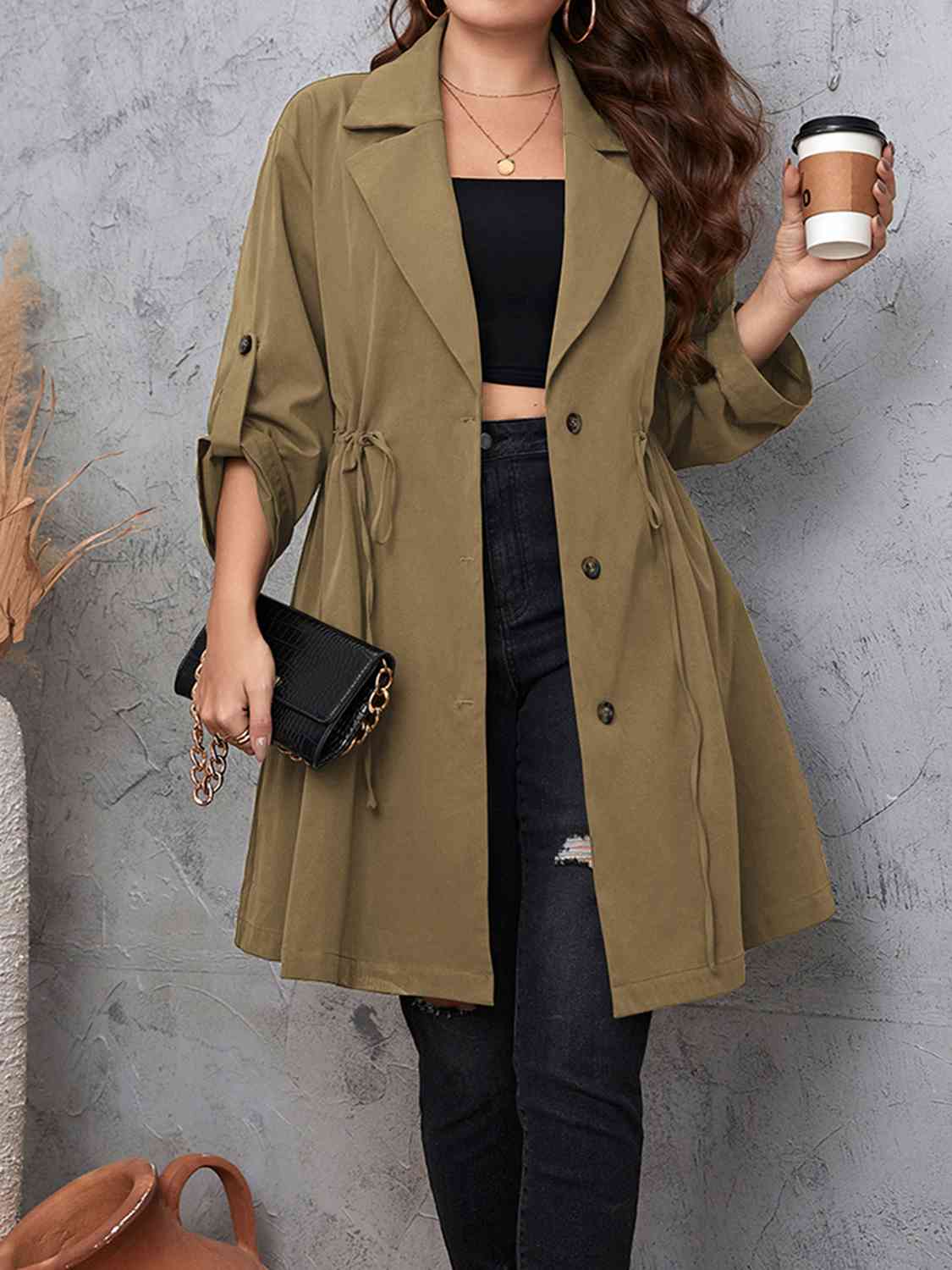 Plus Size Lapel Collar Drawstring Roll-Tab Sleeve Trench Coat - By Baano