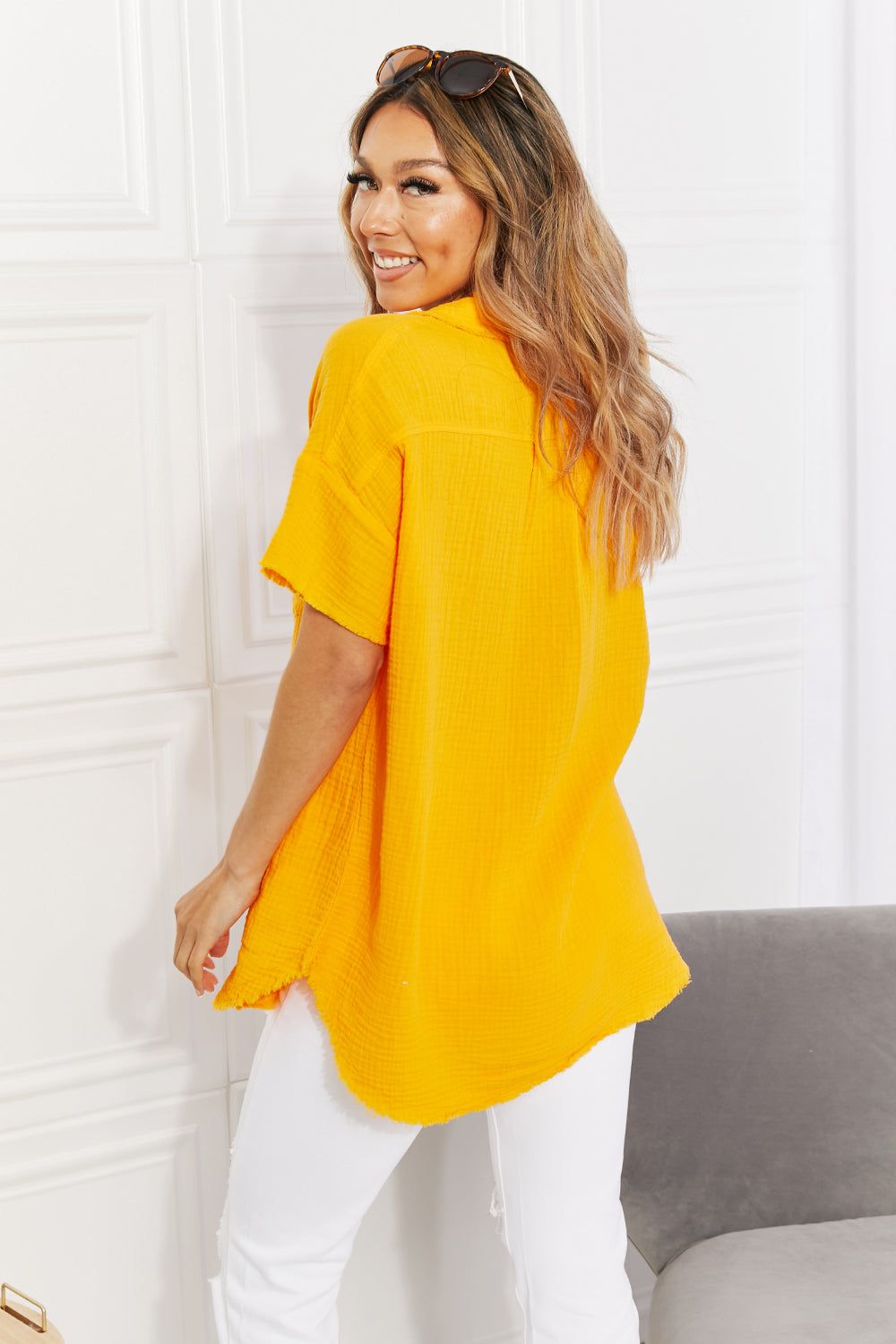 Zenana Full Size Summer Breeze Gauze Short Sleeve Shirt in Mustard.