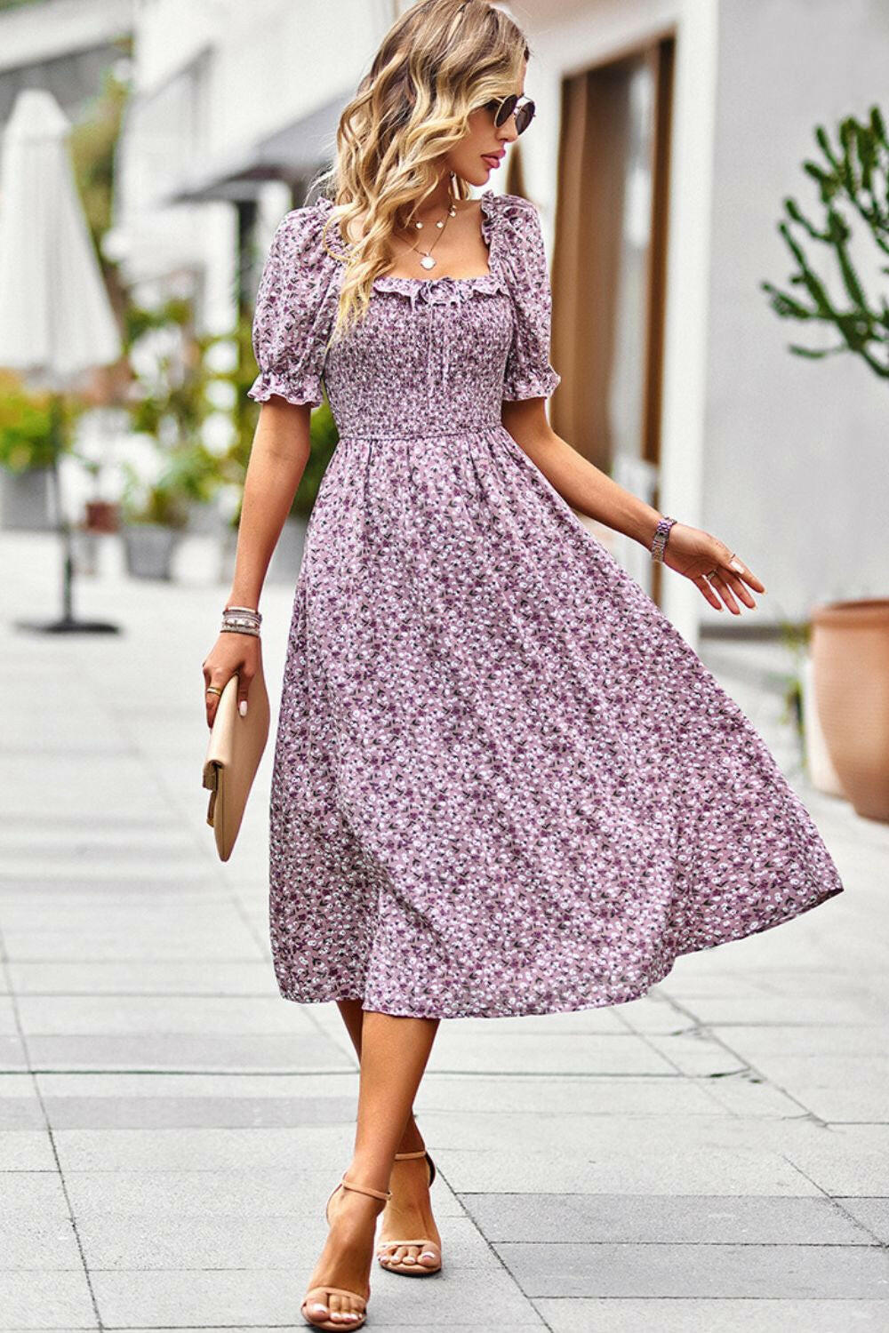 Floral Ruffled Square Neck Dress with Pockets - By Baano