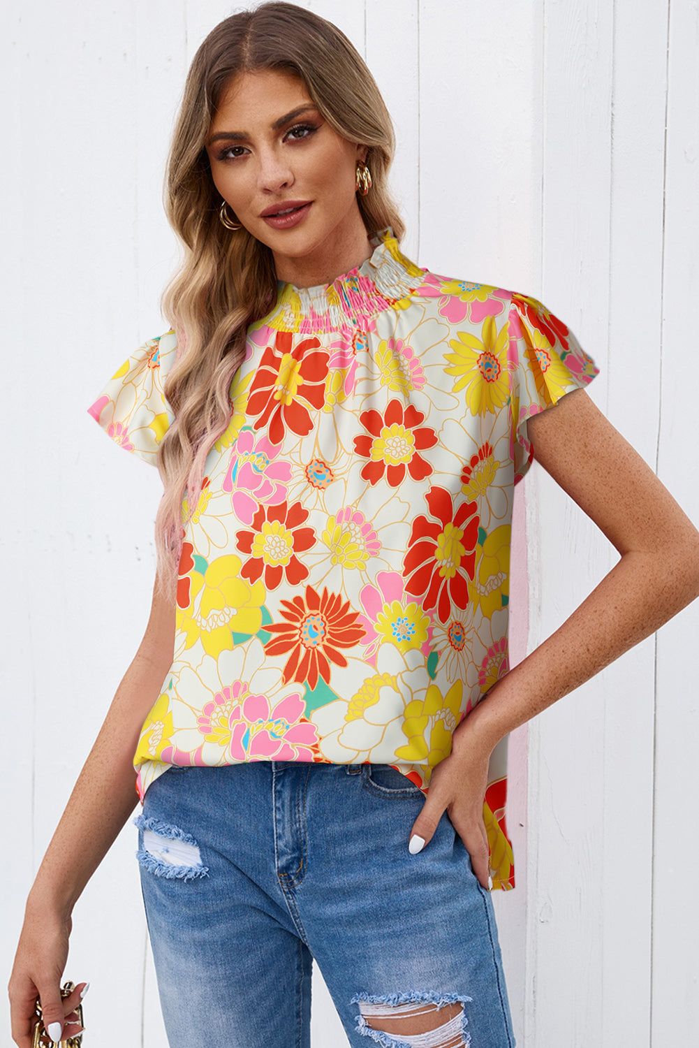 Floral Frill Neck Smocked Flutter Sleeve Blouse - By Baano