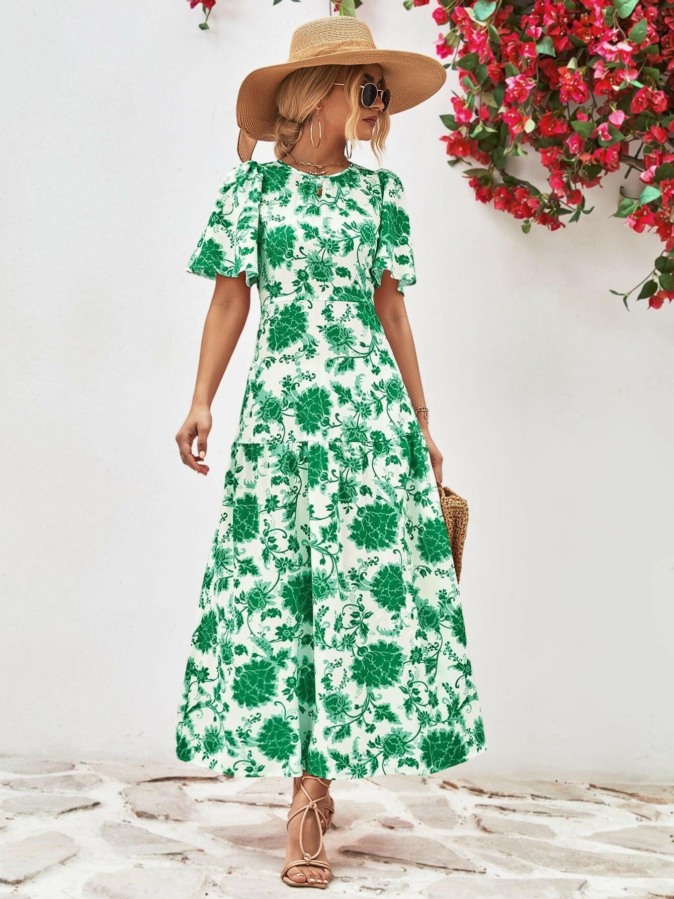 Floral Round Neck Tied Open Back Dress - By Baano
