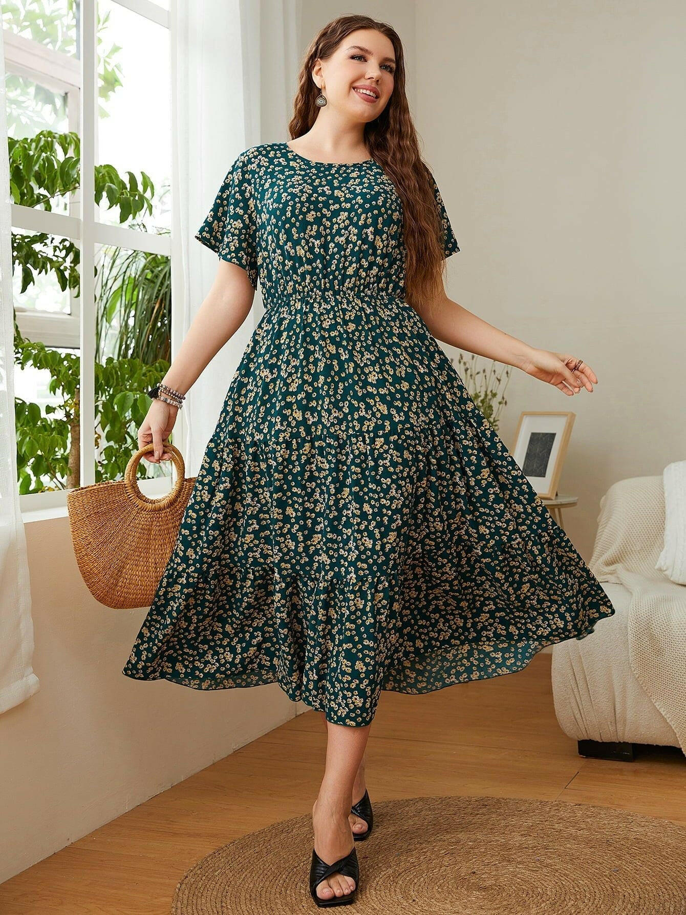 Plus Size Floral Round Neck Short Sleeve Midi Dress - By Baano